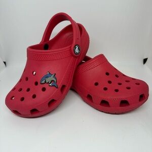 Crocs, size 12 C kids, red with shark jibbitz